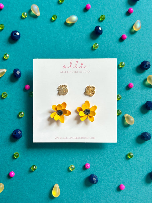 Sunflowers & Squirrels Stud Earrings Pack of 2