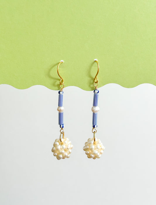 Blue & White Pearl Cloud Cluster Drop Earrings