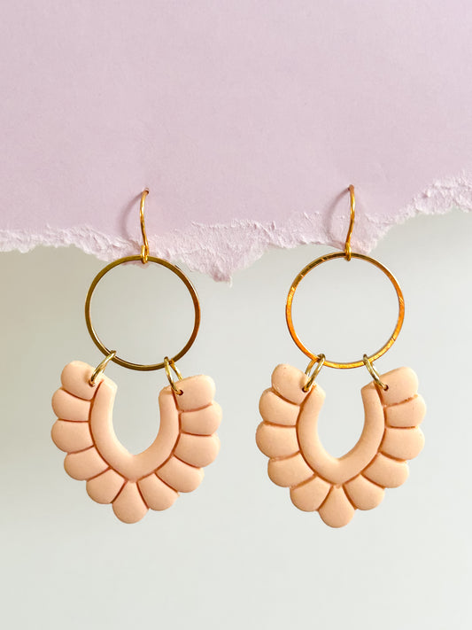 Peach Fan & Gold Circle Charm Earrings