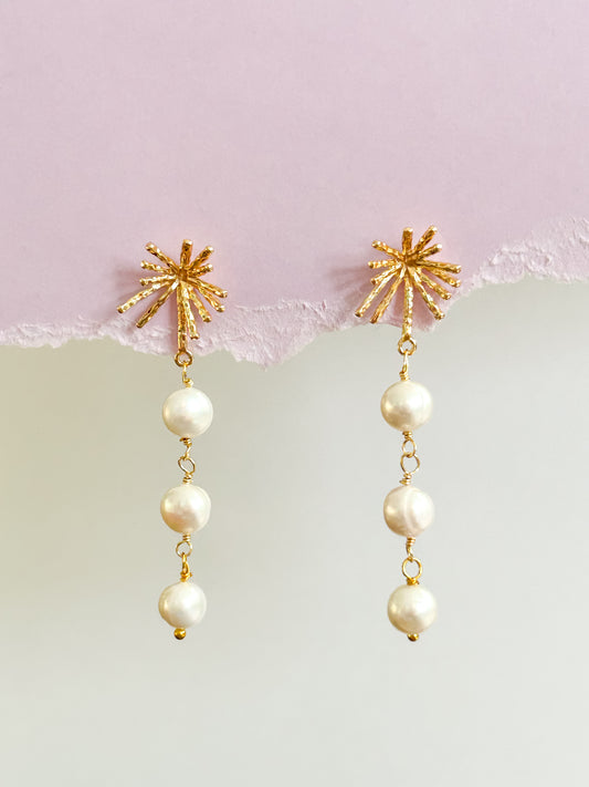 Gold Firework and Freshwater Pearl Drop Dangle Earrings