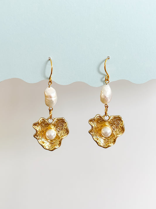 Gold Oyster & Pearl Dangle Earrings