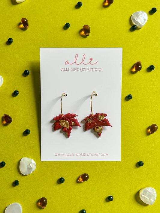 Red Leaf Hoop Earrings